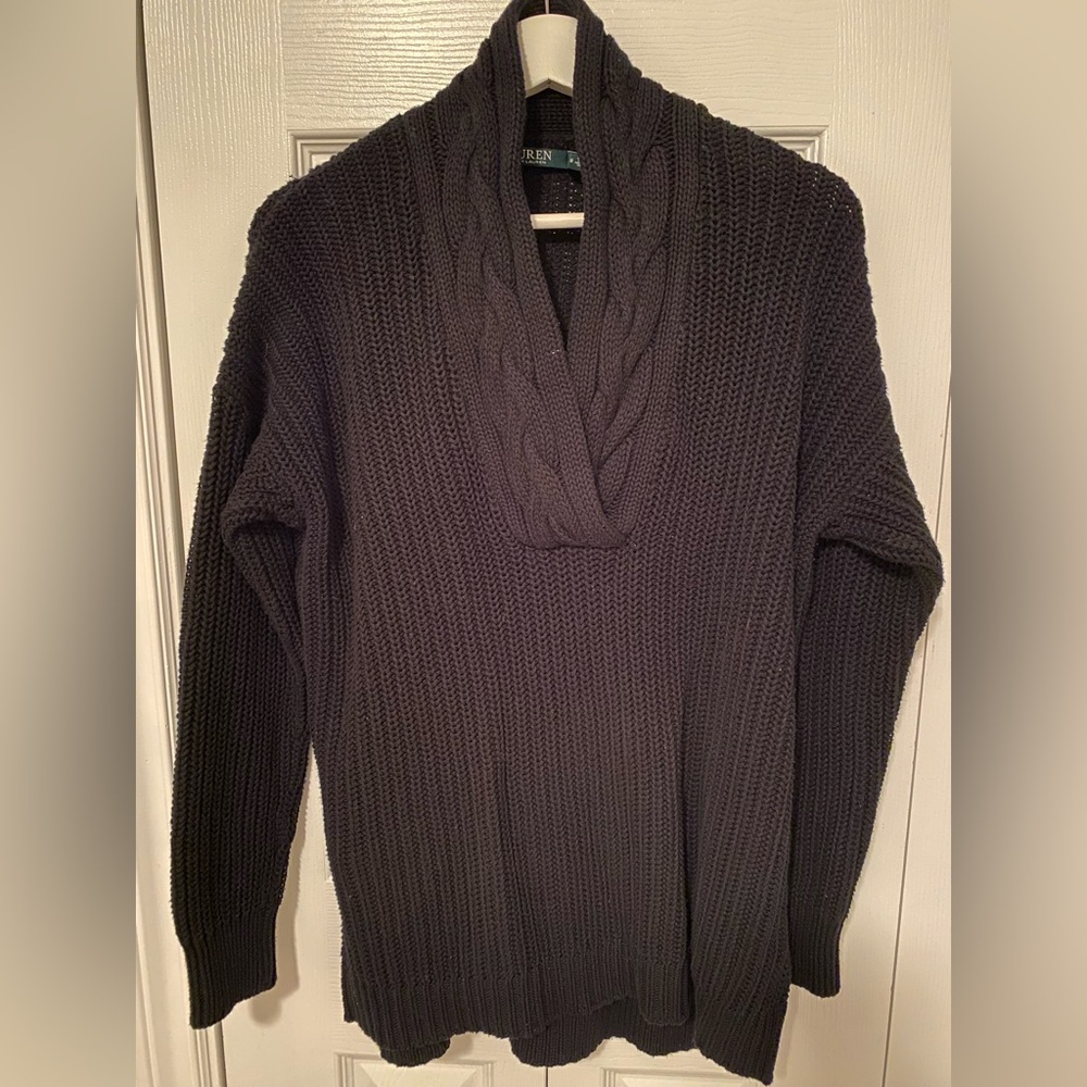 Ralph Lauren vintage Cabled Shawl collar long sweater 100% cotton classic Medium